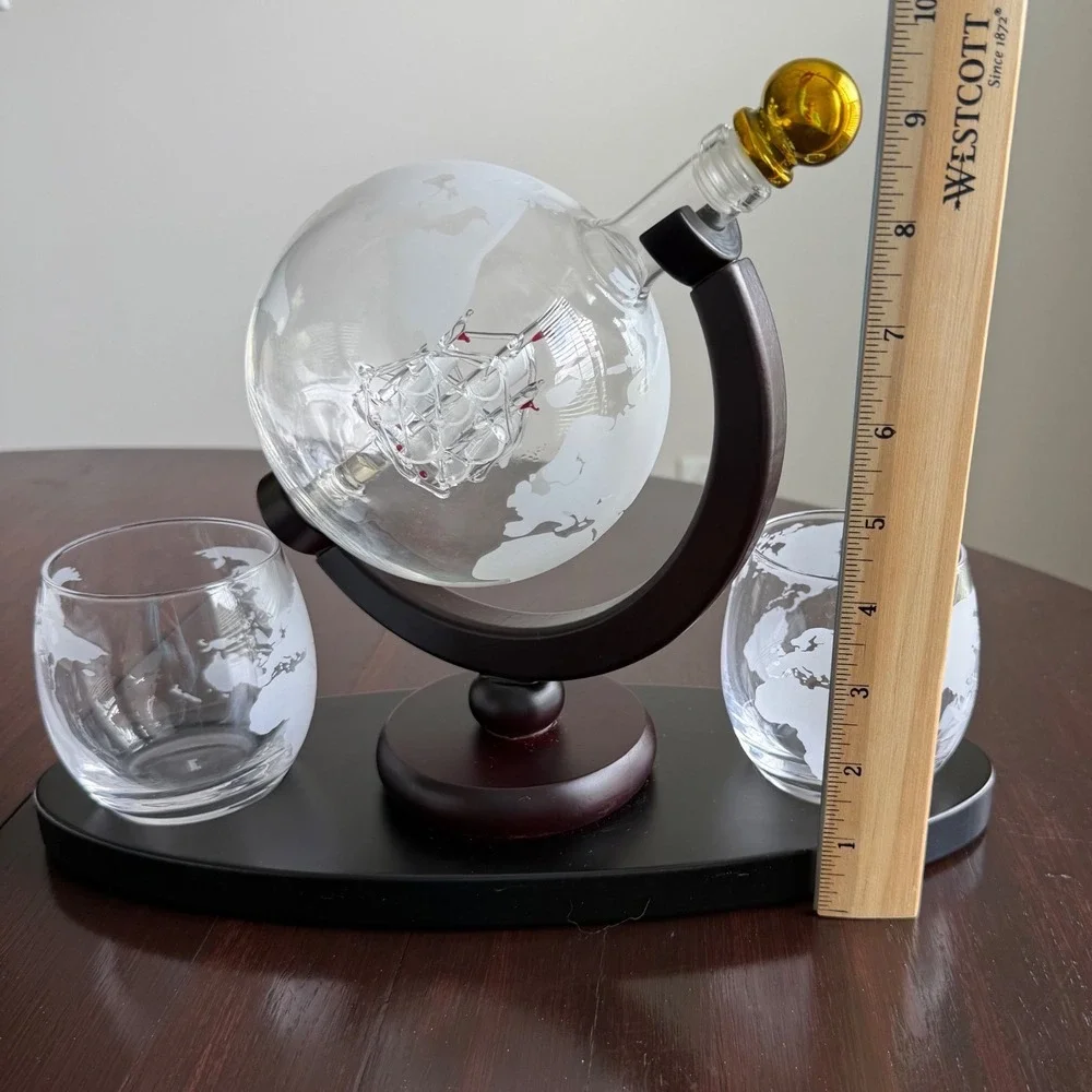Globe Whiskey Decanter Set with Ship Inside 2‎ Etched Glasses Mahogany Base